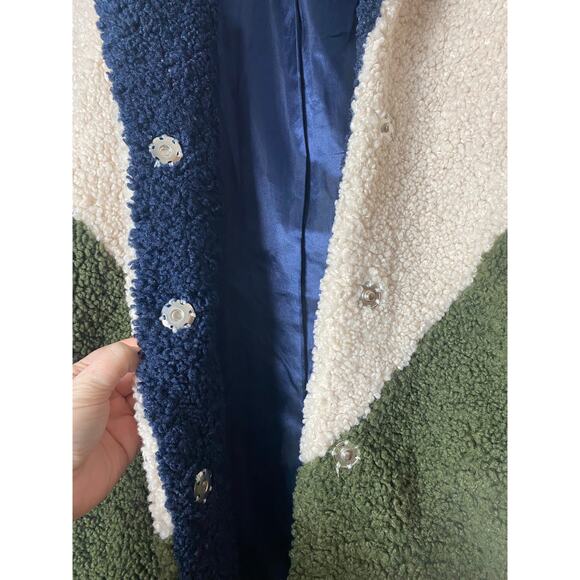 J CREW COAT TEDDY SHERPA LONG COLORBLOCK NAVY WHITE OLIVE GREEN LONGLINE CREAM - Picture 9 of 11